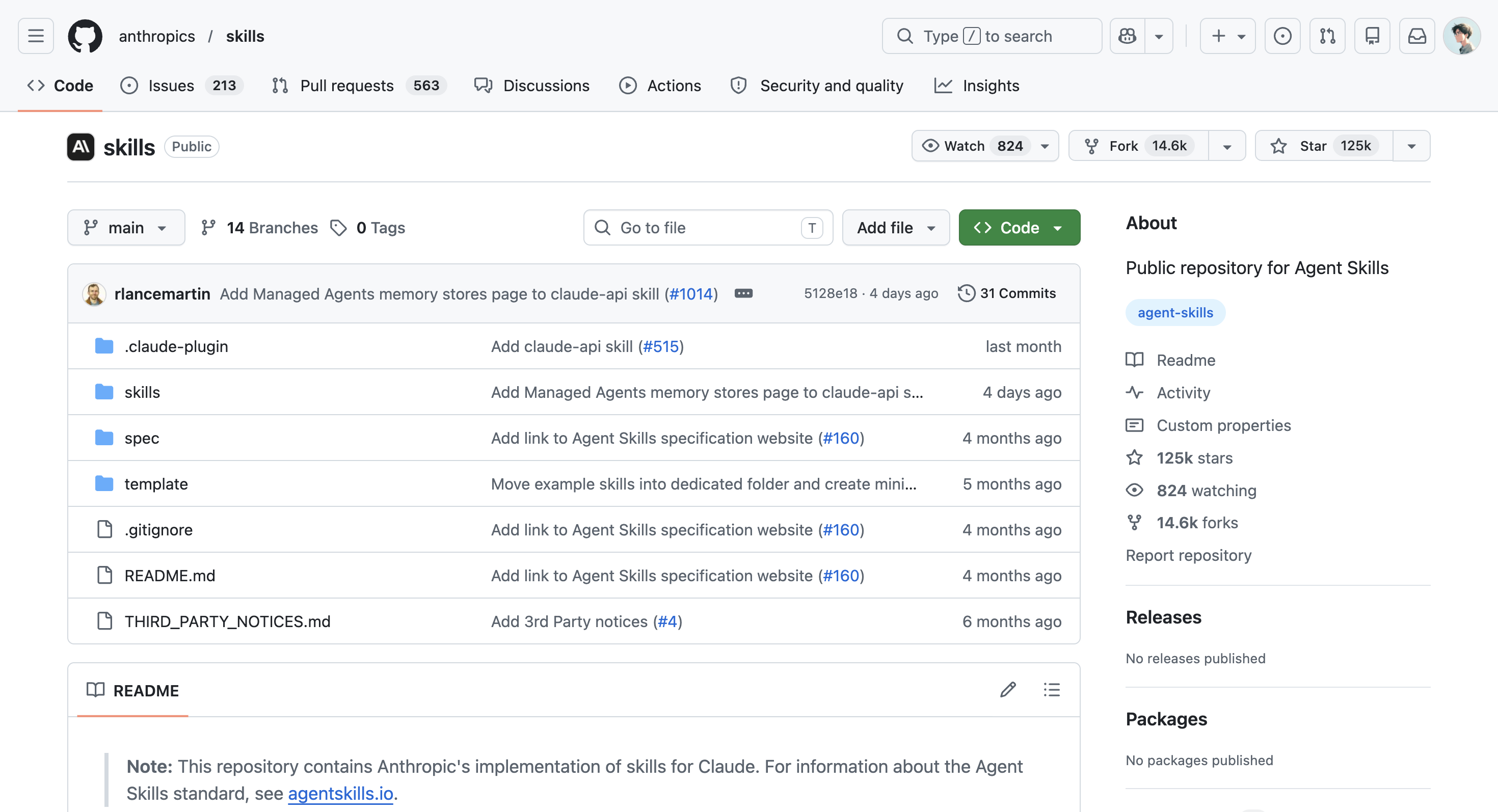 Anthropic skills repo 在 GitHub 上的頁面截圖